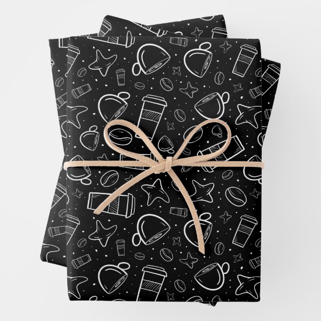Feuille De Papier Cadeau Café en noir et blanc avec étoiles pour votre arti (En situation)