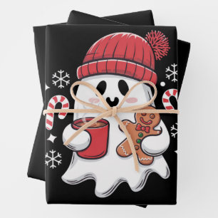 Feuille De Papier Cadeau Café glacé fantôme mignon de Noël Café rétro Xmas
