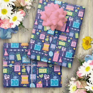 Feuille De Papier Cadeau Cake présente Ballons Bleu 20e anniversaire