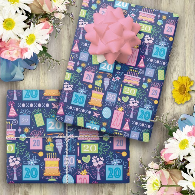 Feuille De Papier Cadeau Cake présente Ballons Bleu 20e anniversaire (Créateur téléchargé)