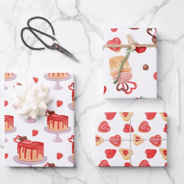 Feuille De Papier Cadeau Cake Valentine & Coeurs rouges Cookies (Recto)