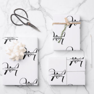 Feuille De Papier Cadeau Calligraphie de script Noir & Blanc Nom Monogramme
