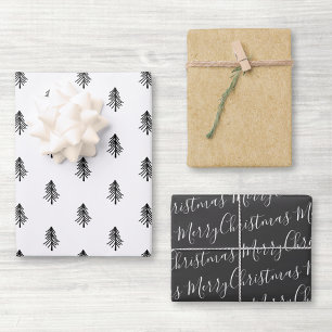 Feuille De Papier Cadeau Calligraphie noir et blanc moderne Arbre de Noël