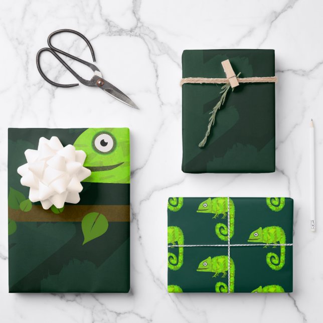 Feuille De Papier Cadeau Caméléon vert mignon (Recto)