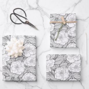 Feuille De Papier Cadeau Camellia en noir et blanc