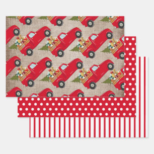 Feuille De Papier Cadeau Camion Arbre de Noël Rouge Burlap Pois Stripes