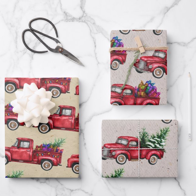 Feuille De Papier Cadeau Camion de Noël, Arbre, Cadeaux sur Faux Kraft (Recto)