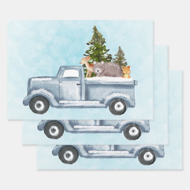 Feuille De Papier Cadeau Camion de Noël avec pins et animaux de forêt (Lot)