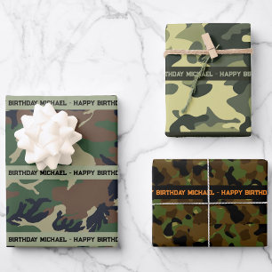 Feuille De Papier Cadeau Camo Happy Birthday Personnaliser le nom et le tex