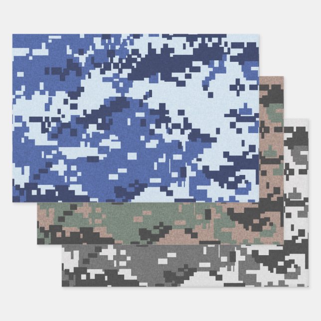 Feuille De Papier Cadeau Camouflage bleu gris vert Pixel (Lot)