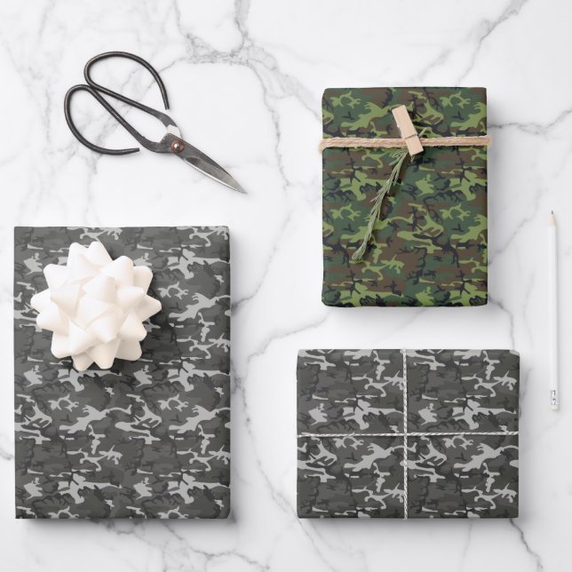 Feuille De Papier Cadeau Camouflage gris et vert  (Recto)