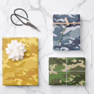 Feuille De Papier Cadeau Camouflage jaune, bleu et vert laiton