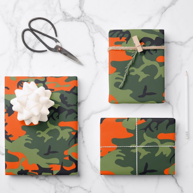 Feuille De Papier Cadeau Camouflage orange et vert, Militaire, Armée (Recto)