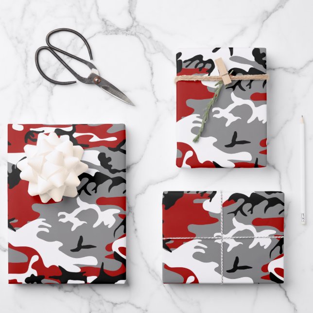 Feuille De Papier Cadeau Camouflage rouge et gris, Militaire, Armée (Recto)