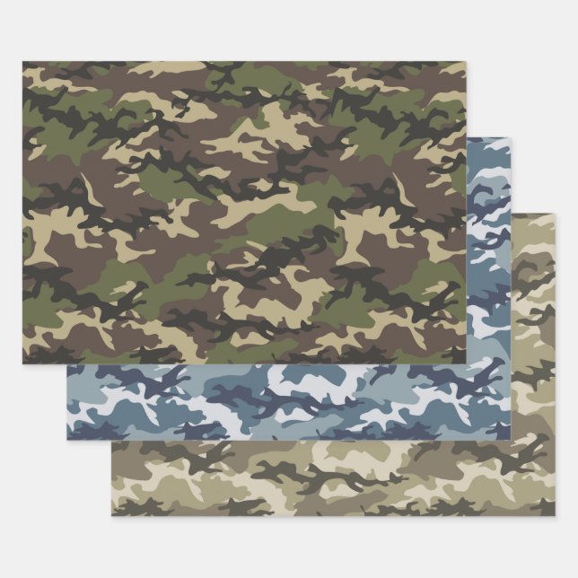 Feuille De Papier Cadeau Camouflage vert, bleu et Brown (Lot)