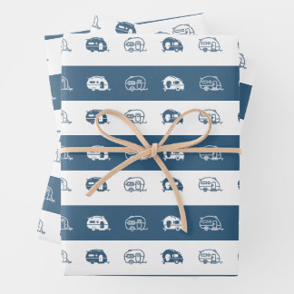 Feuille De Papier Cadeau Campeurs RV rétro amusants en bleu et blanc