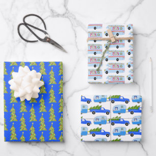 Feuille De Papier Cadeau Camping Cute Xmas RV Trees Remorques Bleu de Noël