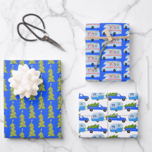 Feuille De Papier Cadeau Camping Cute Xmas RV Trees Remorques Bleu de Noël
