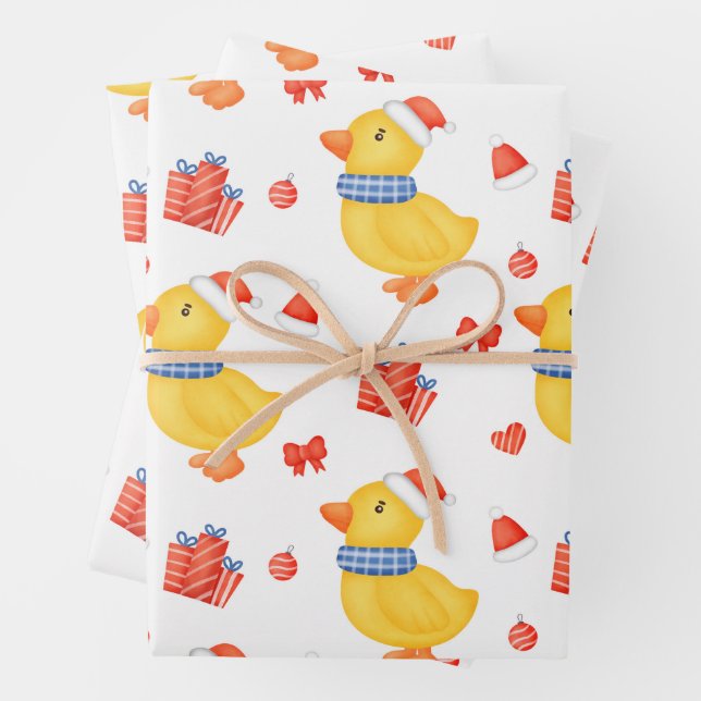 Feuille De Papier Cadeau Canard de Noël, ornements et cadeaux (En situation)
