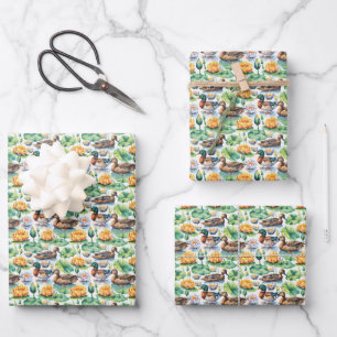 Feuille De Papier Cadeau Canards colverts rustiques sur nénuphars du lac Li