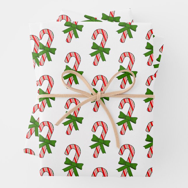 Feuille De Papier Cadeau Candy Cane Green Ribbons Drawings Christmas (En situation)