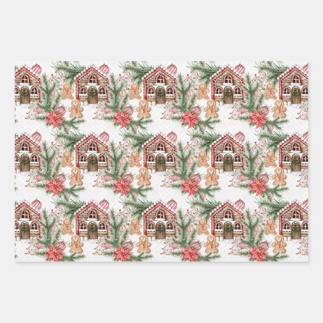 Feuille De Papier Cadeau Candy Cane House Gingerbread man Poinsettia (Devant)