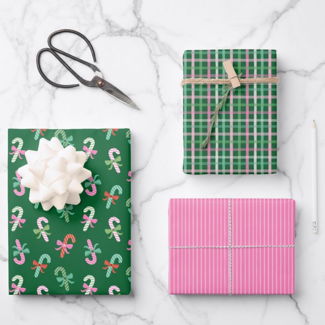 Feuille De Papier Cadeau Candy Cane Plaid & Bows Pink & Green Christmas (Recto)