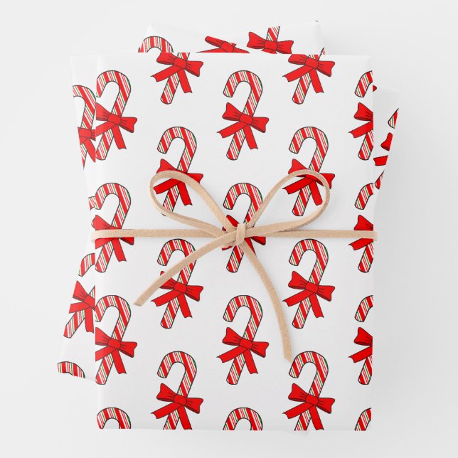 Feuille De Papier Cadeau Candy Cane Red Ribbons Drawings Christmas (En situation)