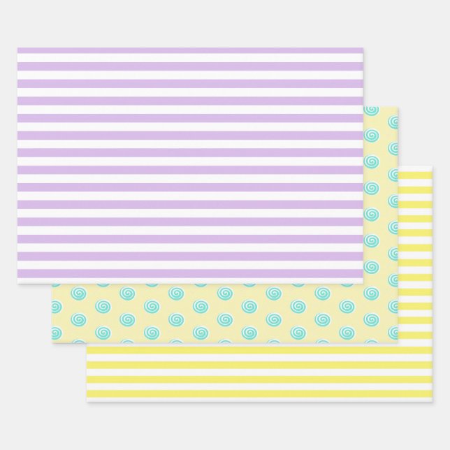 Feuille De Papier Cadeau Candy Stripes et Lollipops Pastel (Lot)