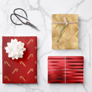 Feuille De Papier Cadeau Canne à sucre de Noël Glamour motif rouge or métal