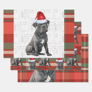 Feuille De Papier Cadeau Canne Corso Chien de Noël Rouge Vert Plaid