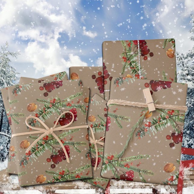 Feuille De Papier Cadeau Canneberges Rustiques Kraft Holiday Highbush (Rustic Kraft Holiday Highbush Cranberries Christmas Holiday Gift Wrapping Paper Sheets Trio)