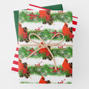 Feuille De Papier Cadeau Cardinal de Noël Festif avec verdure de vacances