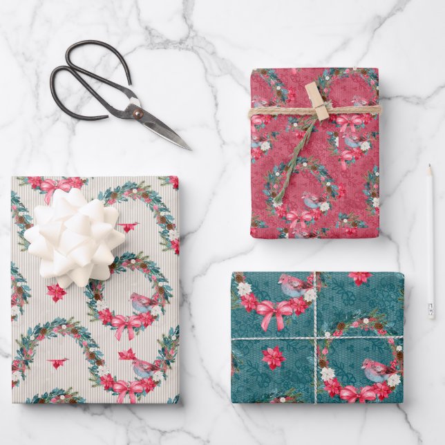 Feuille De Papier Cadeau Cardinaux et couronne de Noël (Recto)