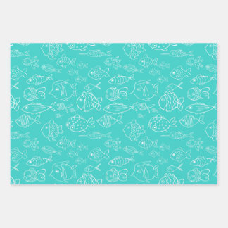 Feuille De Papier Cadeau Caricature Tropical Turquoise et Poisson de Pêche