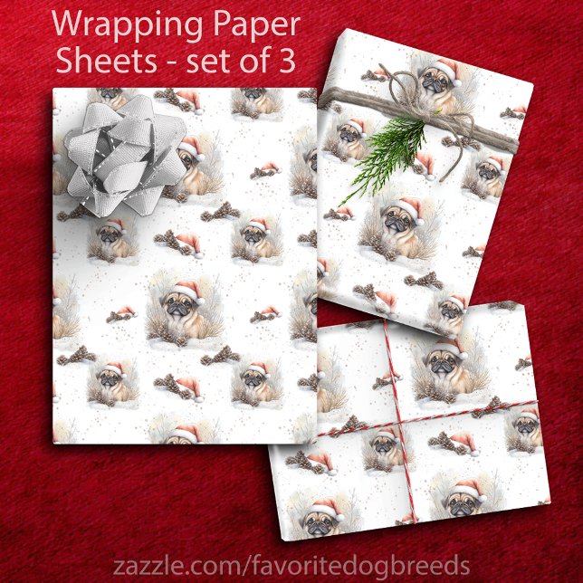 Feuille De Papier Cadeau Carlin d'aquarelle à Santa Hat Noël (Watercolor Pug in Santa Hat Christmas Wrapping Paper Sheets - set of 3)