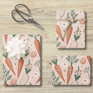 Feuille De Papier Cadeau Carottes élégantes vintage avec fleurs et petits œ