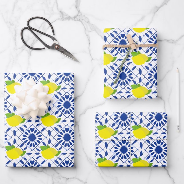 Feuille De Papier Cadeau Carreau de citron géométrique bleu (Recto)