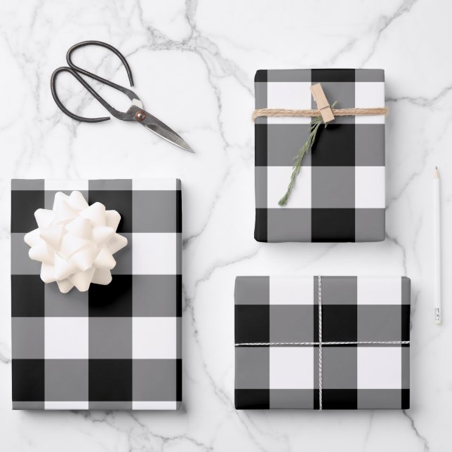 Feuille De Papier Cadeau Carreau Gingham Noir et Blanc (Recto)