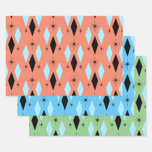 Feuille De Papier Cadeau Carreau moderne du milieu du siècle Débute trois