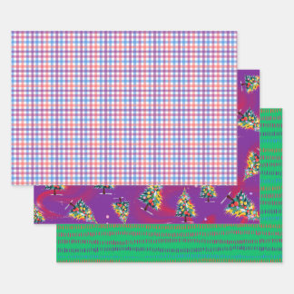 Feuille De Papier Cadeau Carreaux, arbres de Noël et tiret vert, lot de 3 m