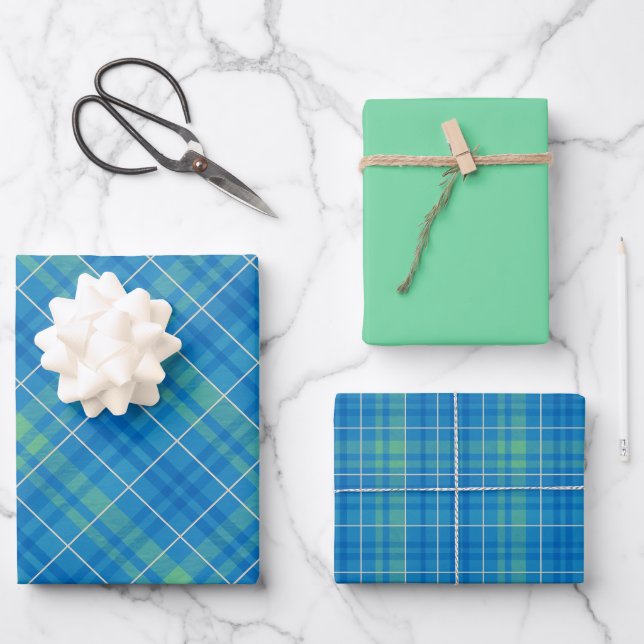 Feuille De Papier Cadeau Carreaux Bleu, Vert & Blanc (Recto)