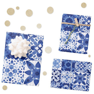 Feuille De Papier Cadeau Carreaux Bleus Bleu Méditerranéen Motif Aquarelle