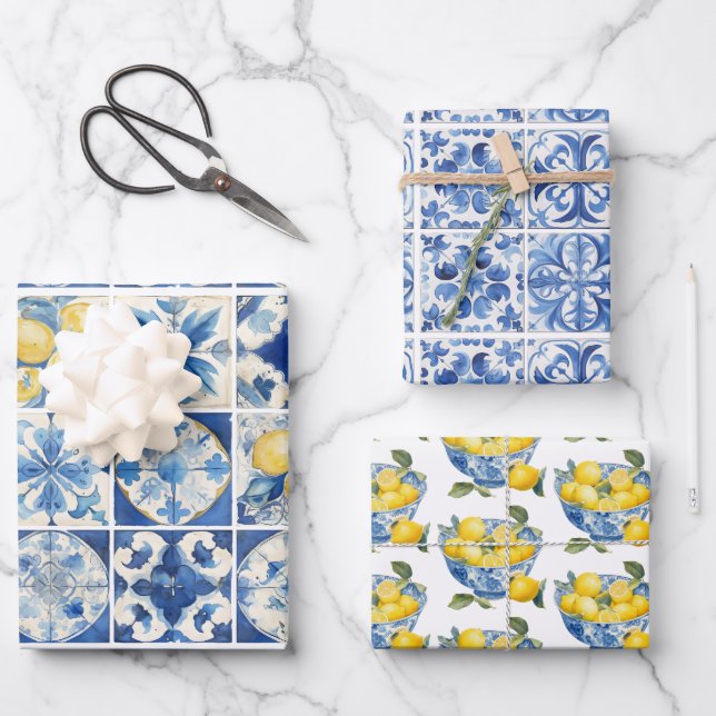 Feuille De Papier Cadeau Carreaux de Majolica Citrons bleus Amalfi Italie 1 (Recto)