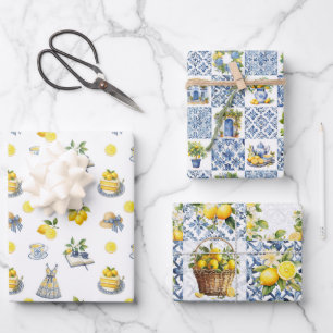Feuille De Papier Cadeau Carreaux de Majolica Citrons bleus Amalfi Italie 2