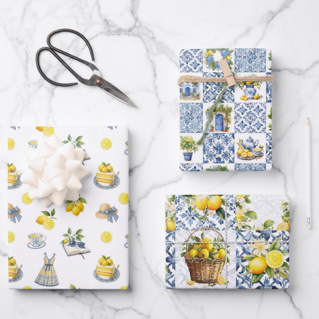 Feuille De Papier Cadeau Carreaux de Majolica Citrons bleus Amalfi Italie 2 (Recto)