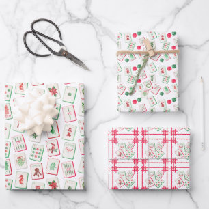 Feuille De Papier Cadeau Carreaux de Noël Rouge & Vert Aquarelle