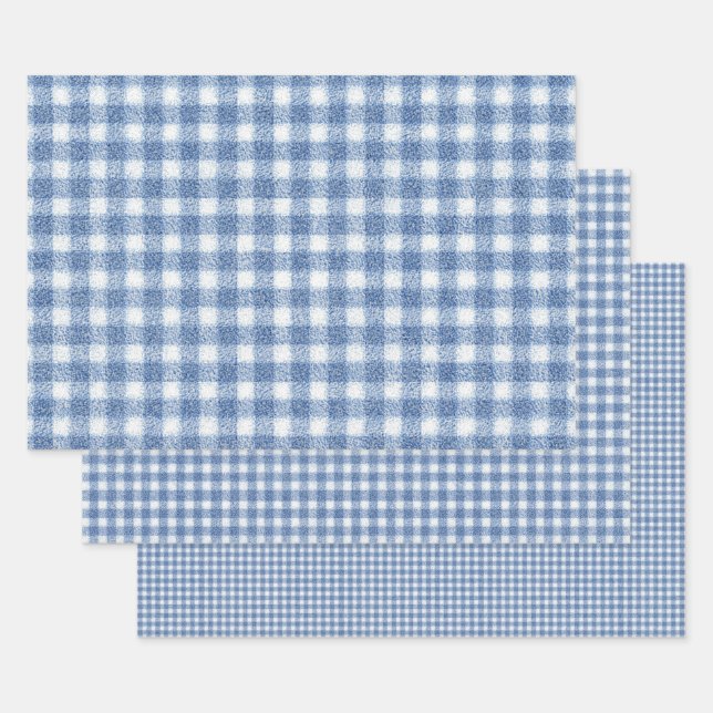 Feuille De Papier Cadeau Carreaux Gingham Bleu et Blanc Classiques  (Lot)