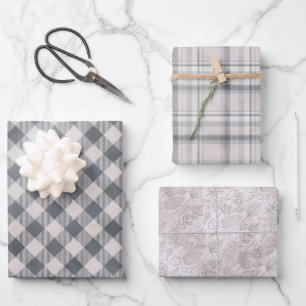 Feuille De Papier Cadeau Carreaux Gris Rustique et Trois Motifs Corresponda