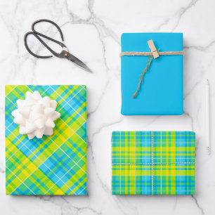 Feuille De Papier Cadeau Carreaux jaune vif, bleu, vert et blanc